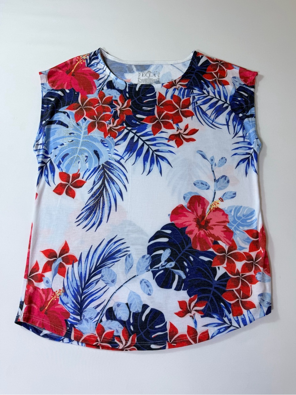Womens Tropical Hibiscus Flower T Shirt Short Sleeve Blue Red Hawaiian Sz Medium - Picture 2 of 6